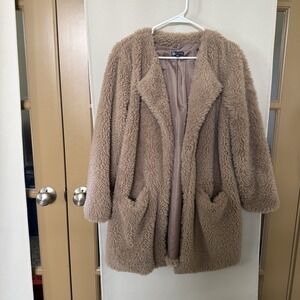 Democracy‎ Womens Medium Tan Faux Fur Sherpa Open Front Mid Length Teddy Jacket